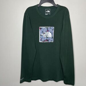 NORTH FACE Shirt Mens Small S Floral Logo Long Sleeve Dark Green